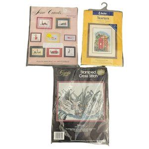 Lot of 3 Vintage Cross Stitch Patterns Swans Phone Booth WW II Plane New